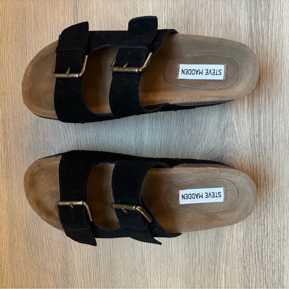 Steve Madden Black Platform Slip-On Shoes with Studded Strap - Picture 2 of 7